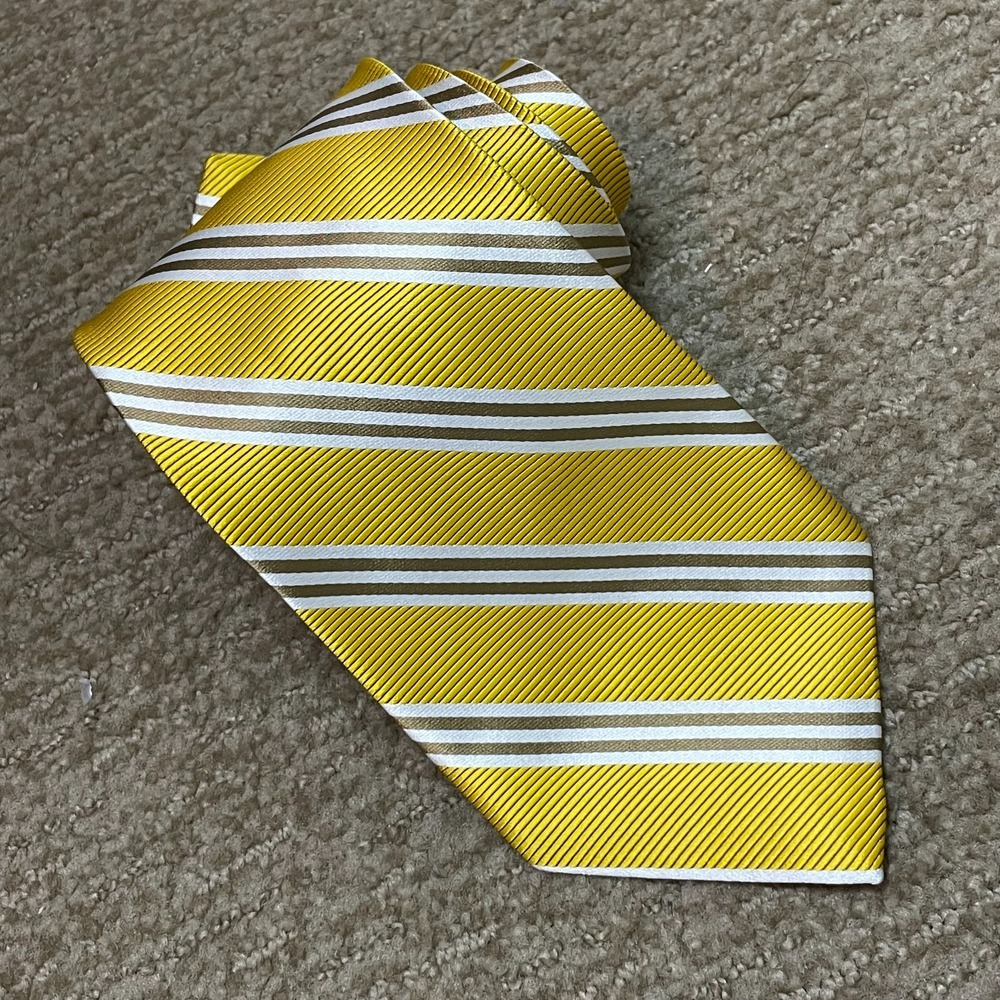 Brooks Brothers Yellow Taupe Repp Stripe Silk Tie USA 3.75" Stain Resistant